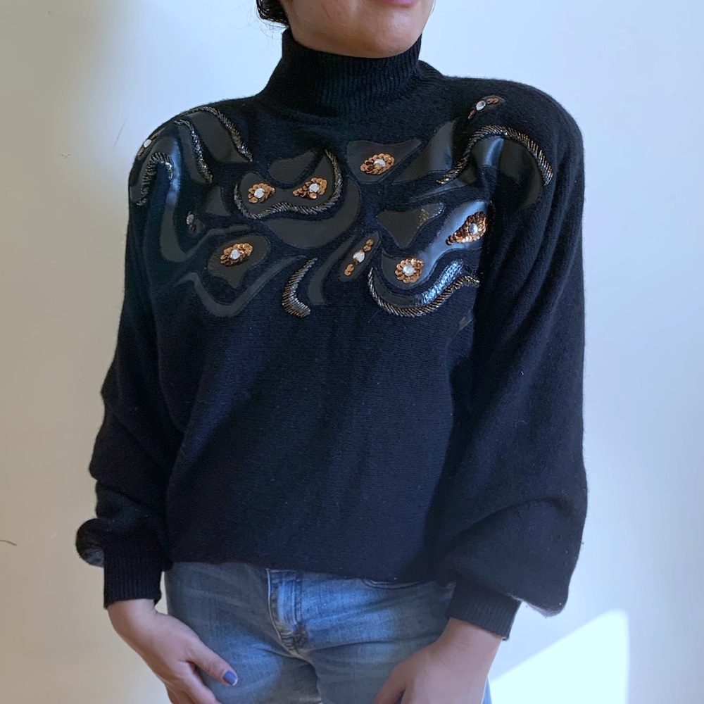Vintage Beaded Black Turtle neck w shoulder pads